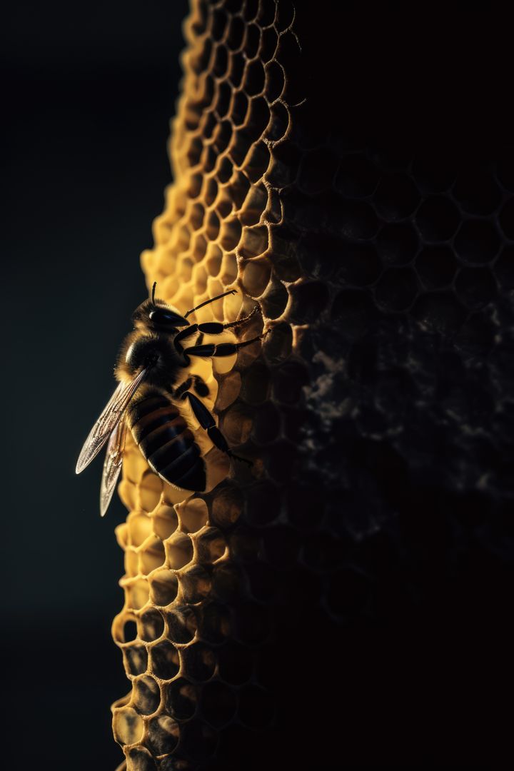 Close up of bee on honeycomb on black background created using generative ai technology - Free Images, Stock Photos and Pictures on Pikwizard.com