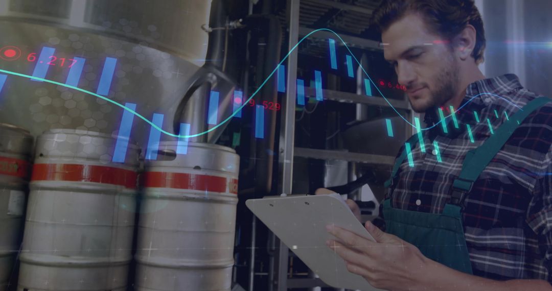 Brewery Worker Analyzing Real-Time Production Data with Digital Charts