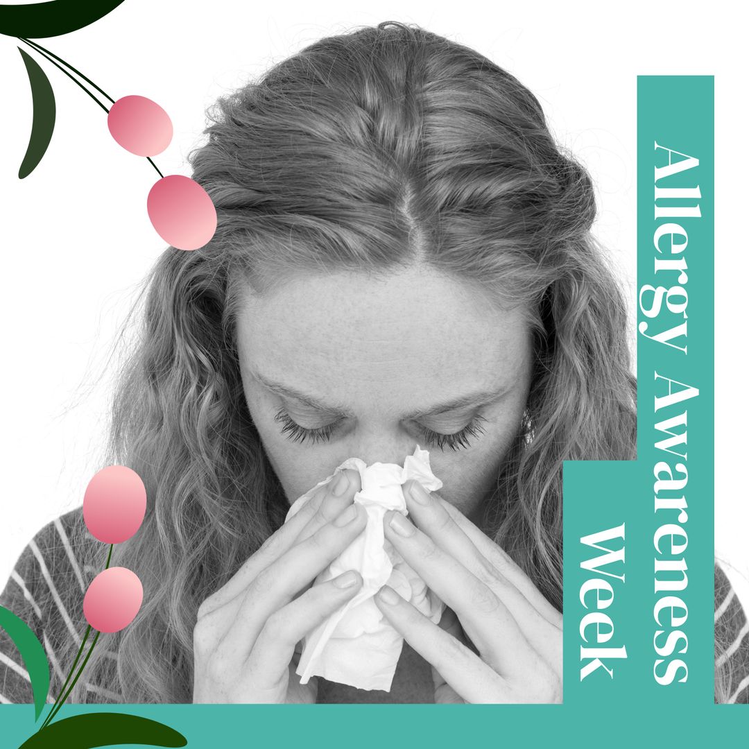 Caucasian Woman Blowing Nose for Allergy Awareness Week Campaign - Download Free Stock Templates Pikwizard.com