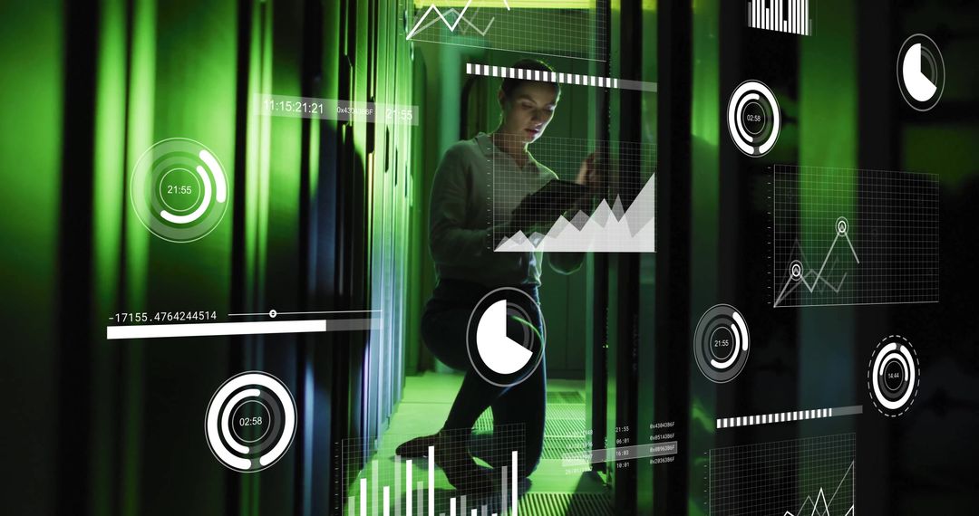 Woman Using Tablet Surrounded by Digital Data in Server Room