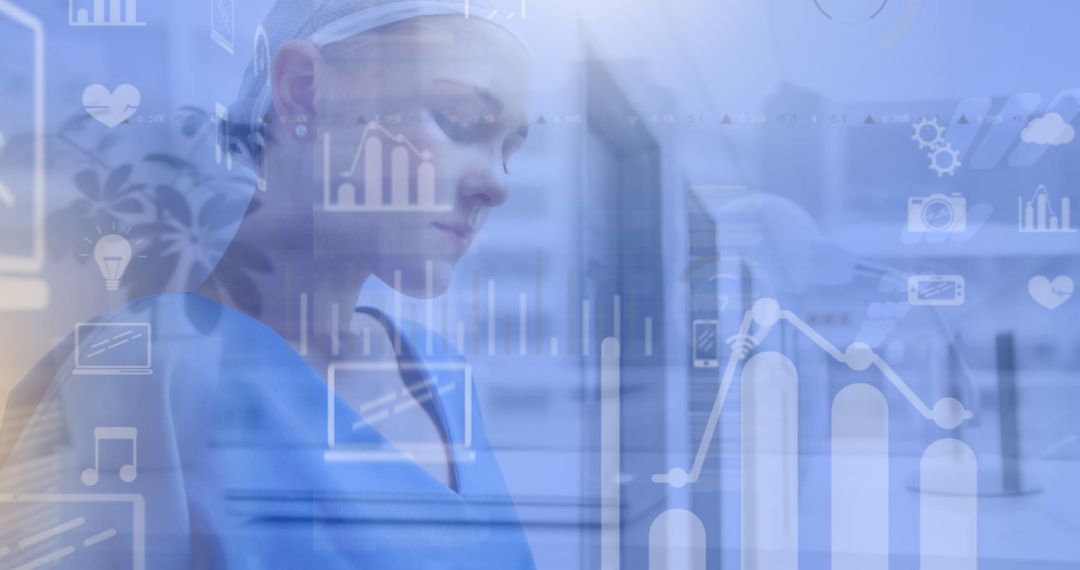 Nurse Using Tablet with Medical Data and Icons Overlay