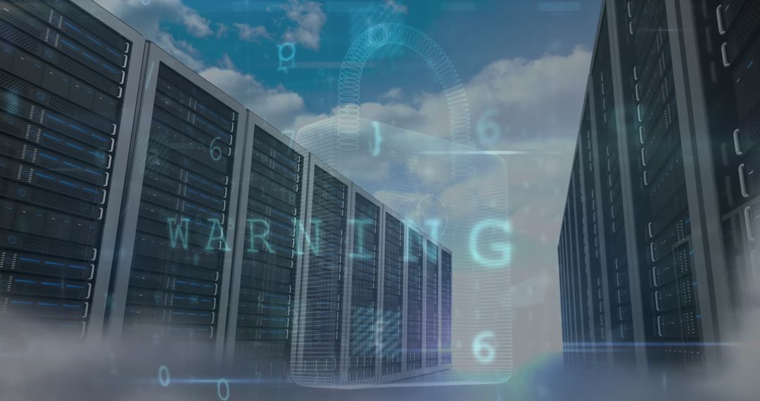 Cybersecurity Warning with Digital Interface Overlay on Servers