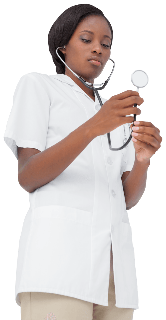 Young Nurse Listening with Stethoscope Isolated on Transparent Background