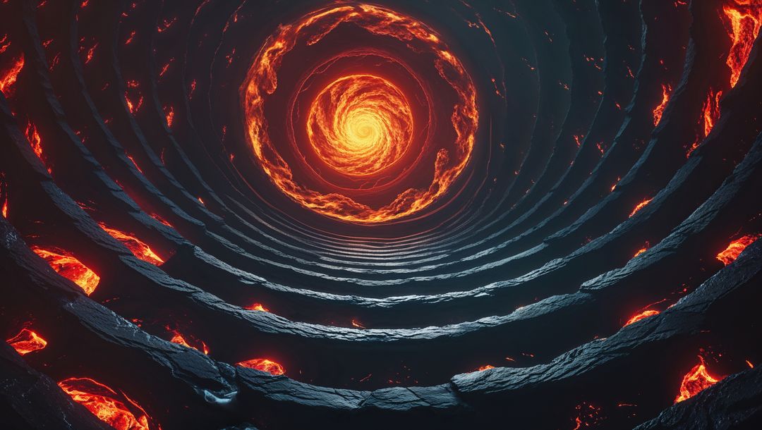 Ethereal hell lava vortex in surreal geological cavern