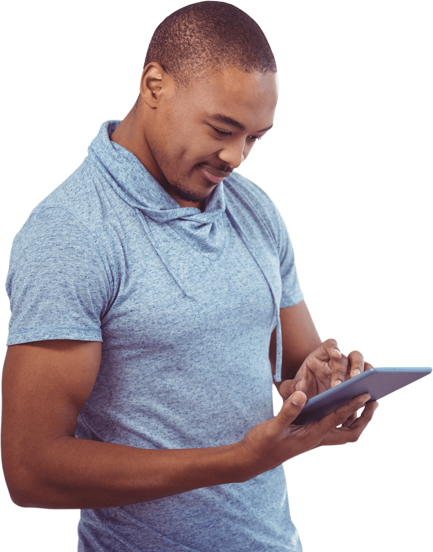 Smiling Man in Casual Wear Using Transparent Digital Tablet