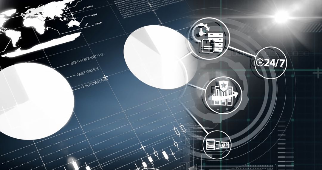 Futuristic Digital Interface with Media Icons and World Map