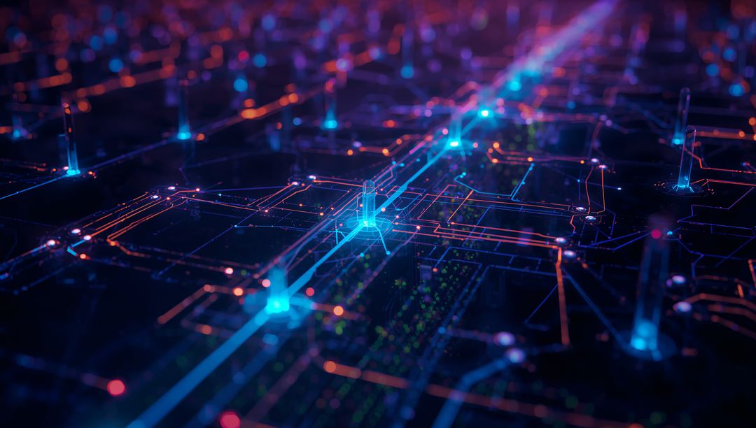 Futuristic Circuit Grid with Neon Lights and Cyan Nodes
