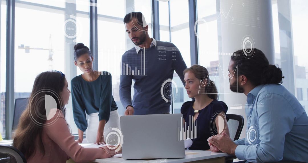 Diverse Team Discussing Data Metrics in Modern Office