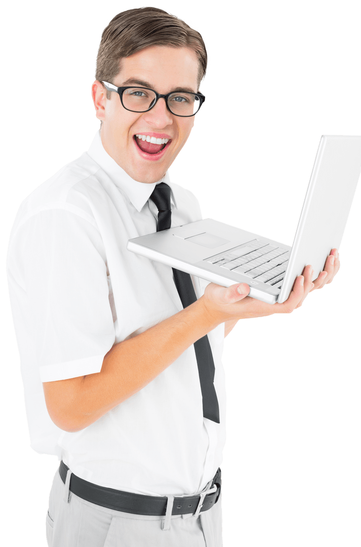 Transparent Geeky Businessman Holding Laptop Reacting Positively