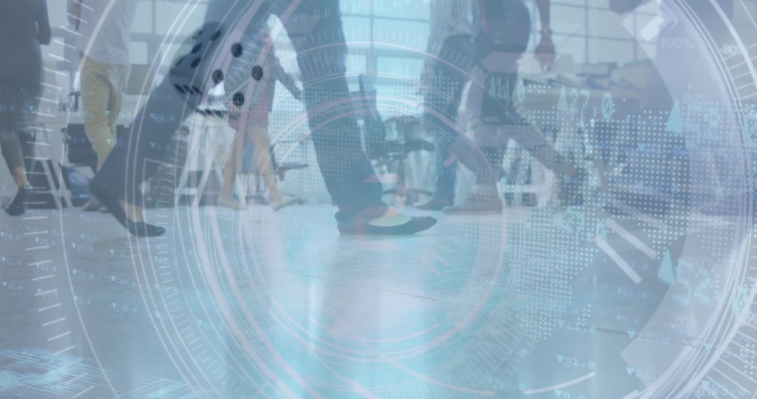 Global Business People Walking Amid Financial Data Overlay