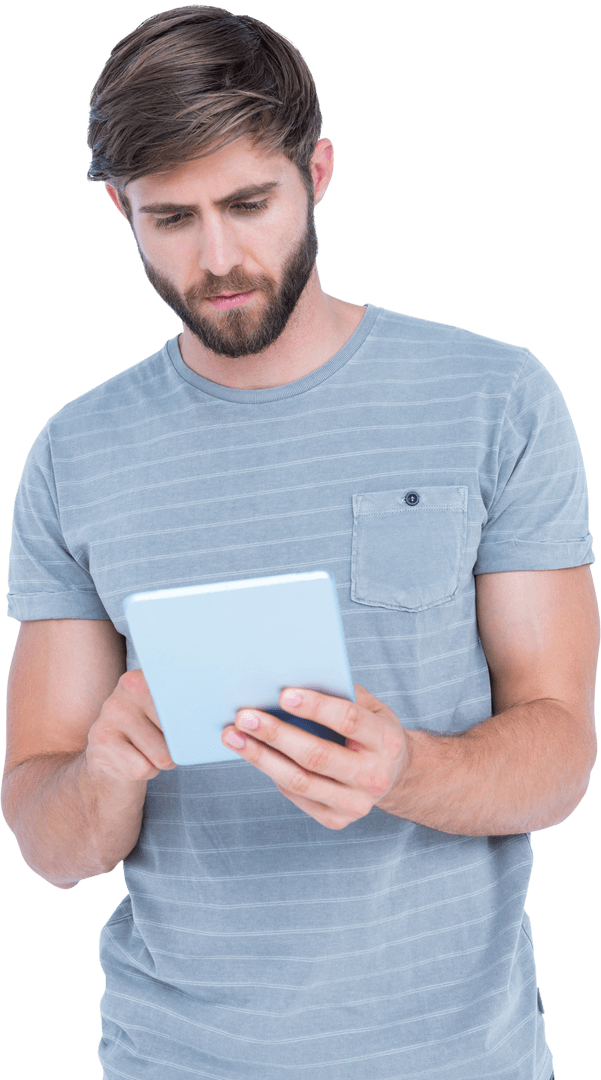 Young Man Engaged with Digital Tablet, Transparent Background