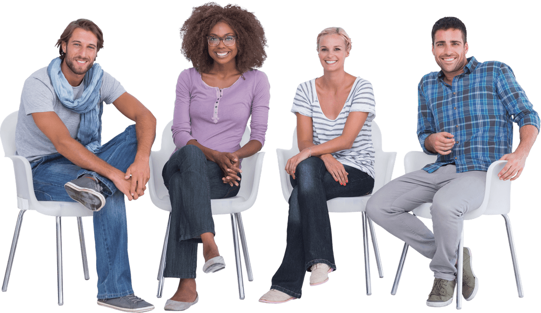 Diverse Group of Stylish People on Transparent Chairs Smiling