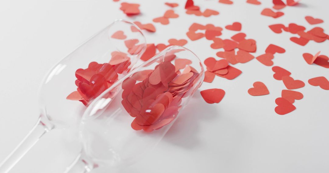 Champagne Flutes Spilling Red Heart Confetti on White Tabletop for Valentine