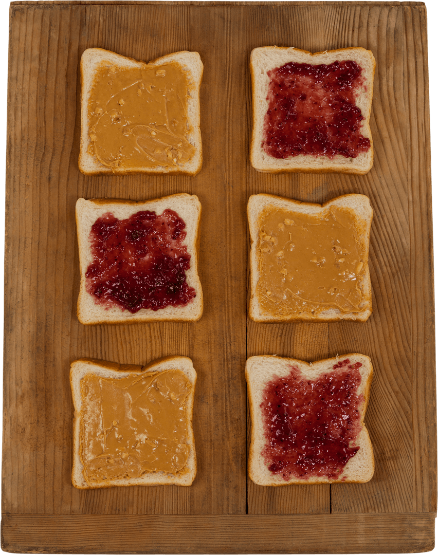 Transparent Arrangement of Peanut Butter Jam Sandwich Slices on Wooden Board