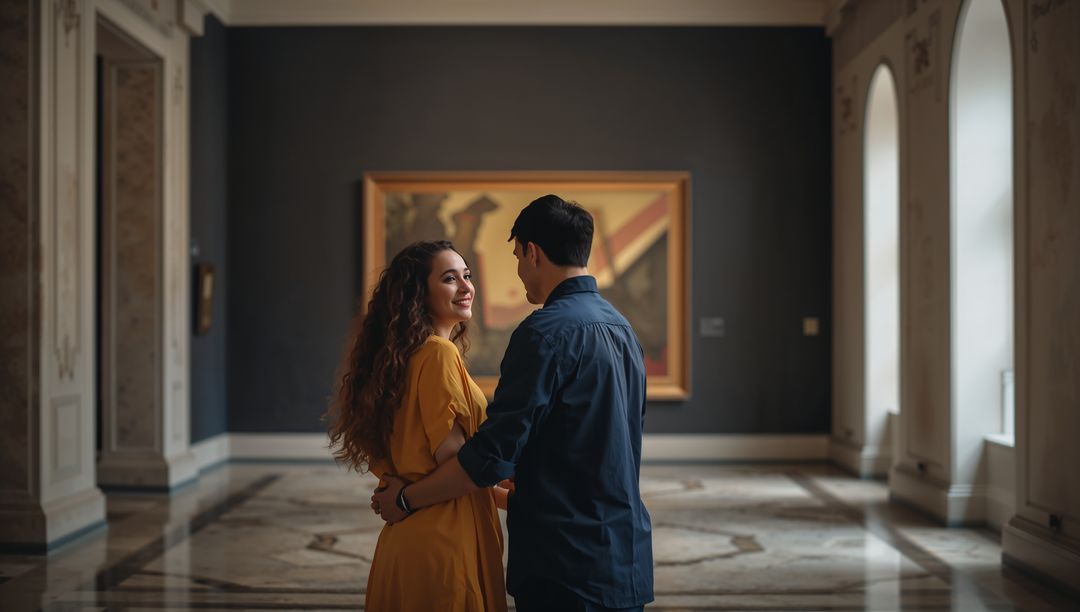 Embracing couple standing in grand museum gallery with marble floors and dramatic artwork