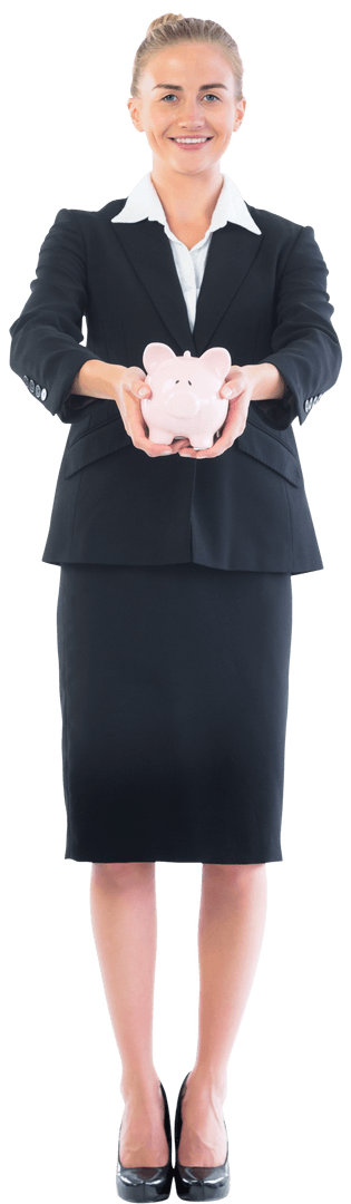 Transparent Businesswoman Smiling Holding Piggy Bank