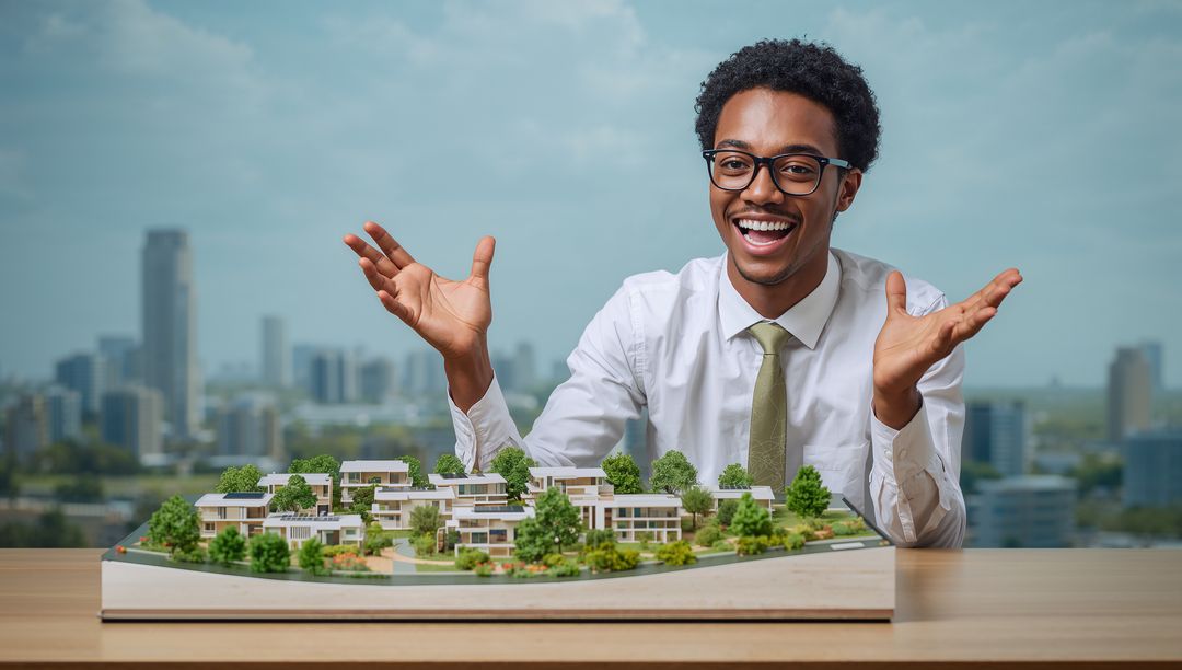 Smiling architect presenting modern residential development model with landscaped miniatures