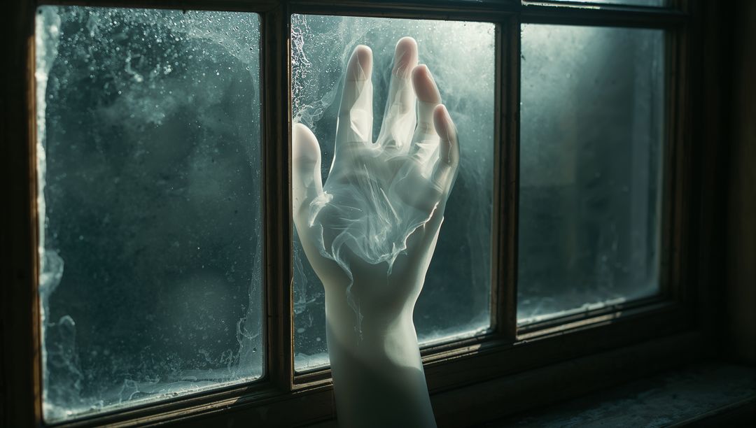 Ghostly Hand Against Frosted Windowpane with Atmospheric Moody Light