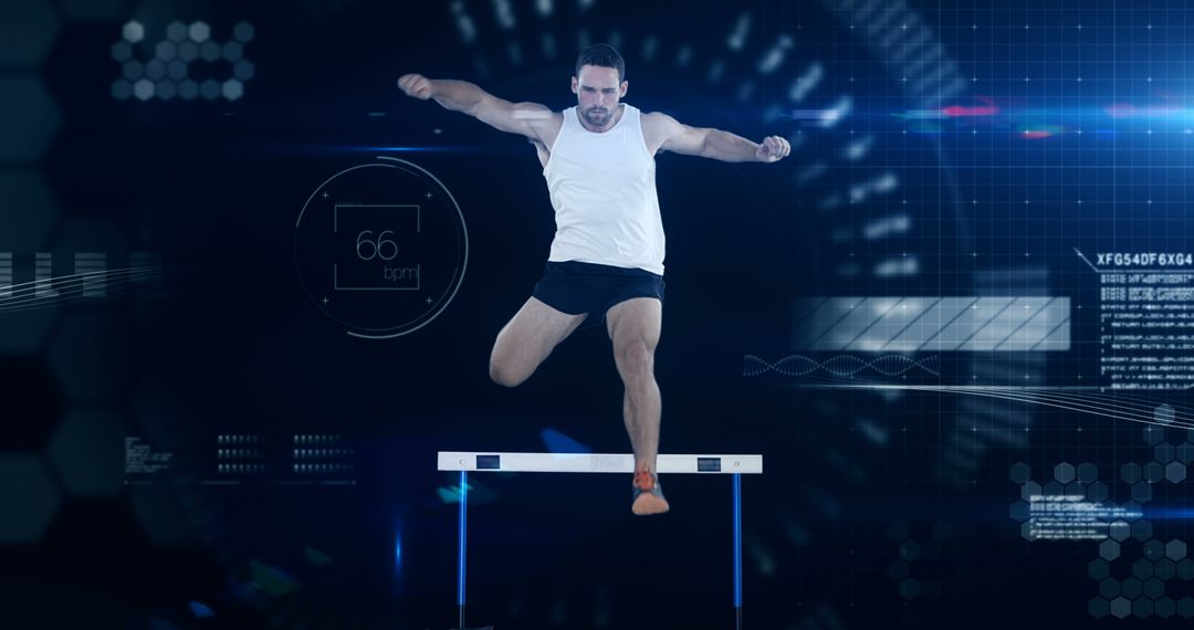 Male Athlete in White Tank Top Jumping Over Hurdle with Digital Interface - Free Images, Stock Photos and Pictures on Pikwizard.com