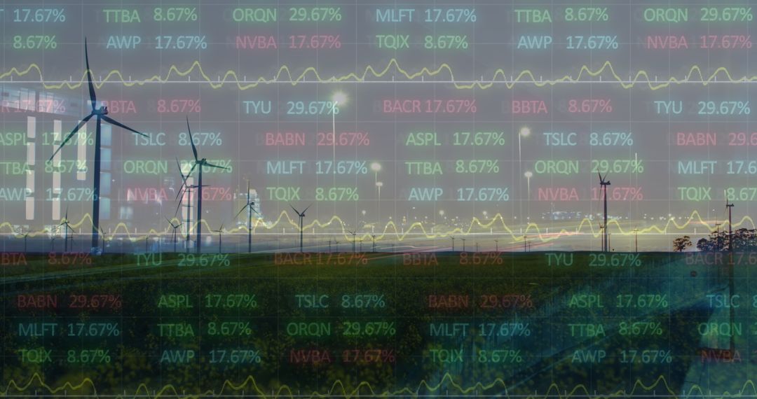 Data Patterns Overlay Futuristic Landscape with Wind Turbines