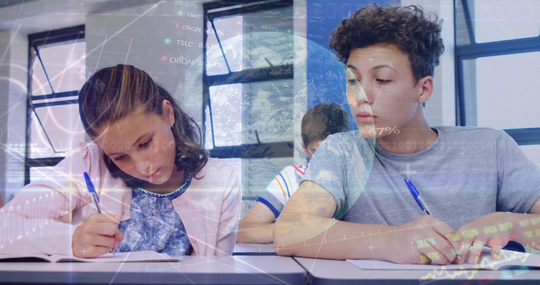 Students Writing with Digital Data Overlay in Classroom