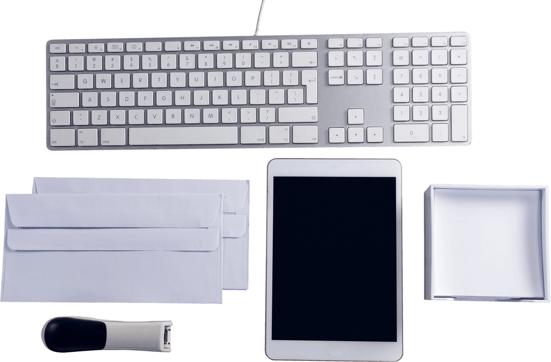 Office Essentials on Transparent Background: Tech and Stationery Mix