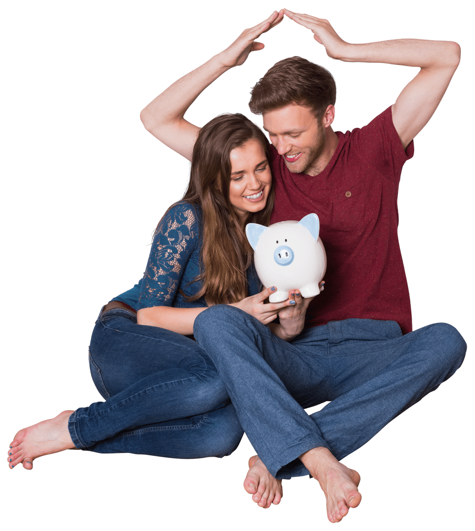 Happy Couple Saving Together with Piggy Bank on Transparent Background