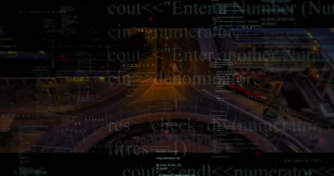 Futuristic C++ Code Overlay on Nighttime Highway Ramps