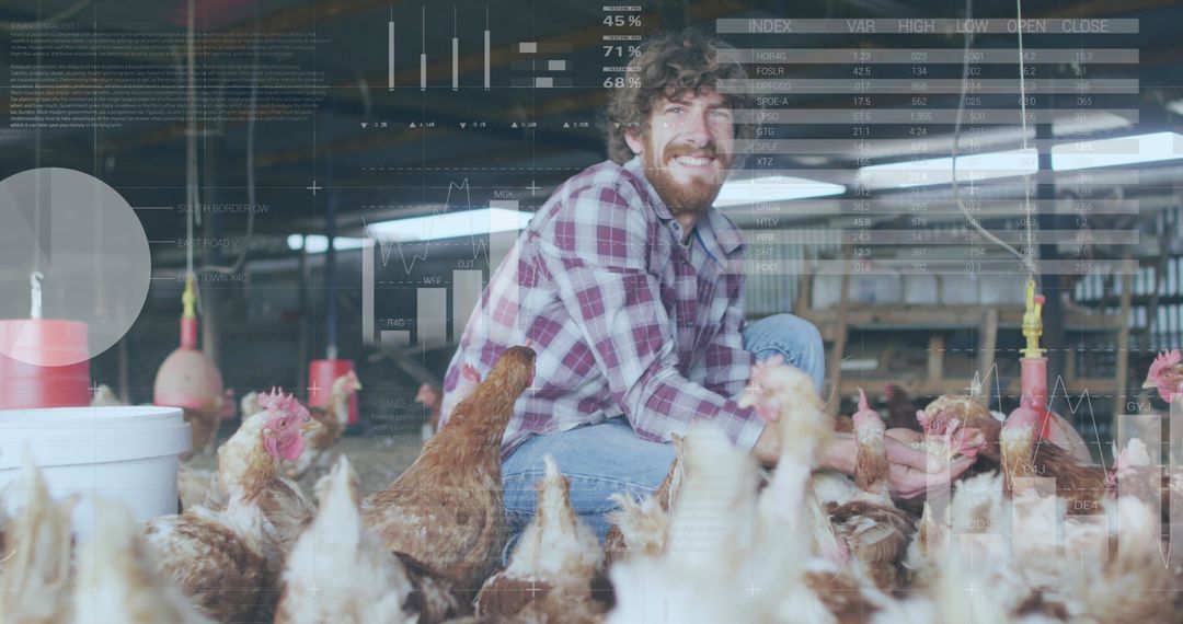 Smiling Farmer with Chickens Surrounded by Data Graphics in Barn - Free Images, Stock Photos and Pictures on Pikwizard.com