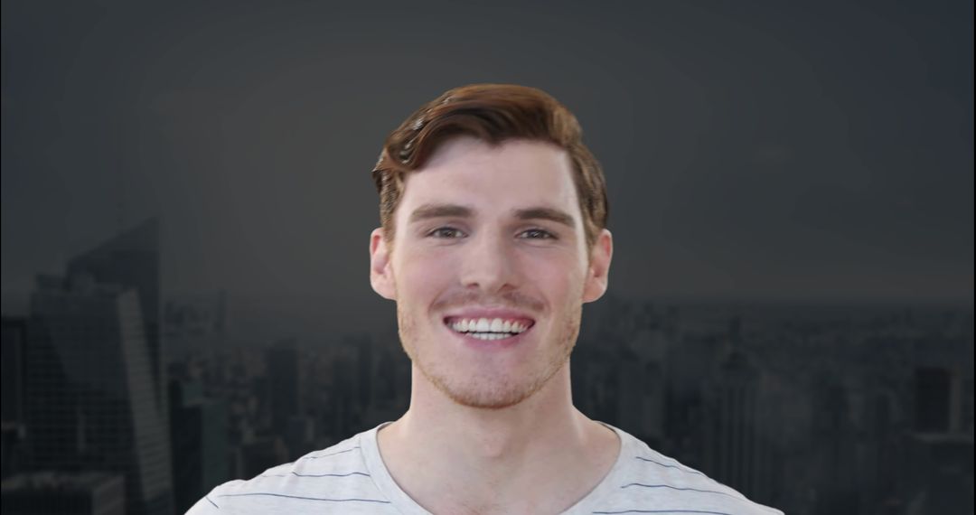 Smiling Man Overlooking Modern Urban Skyline