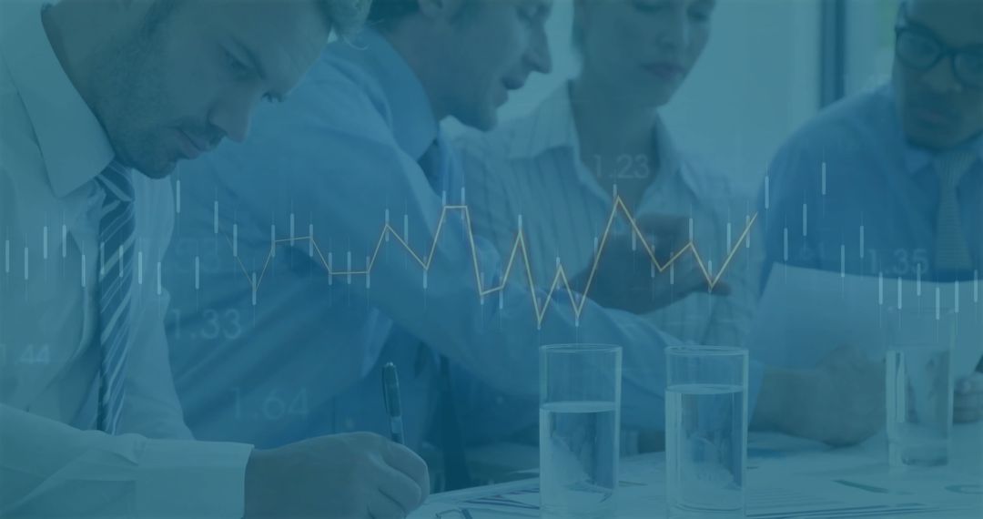 Diverse Team Analyzing Financial Data with Digital Graph Overlay