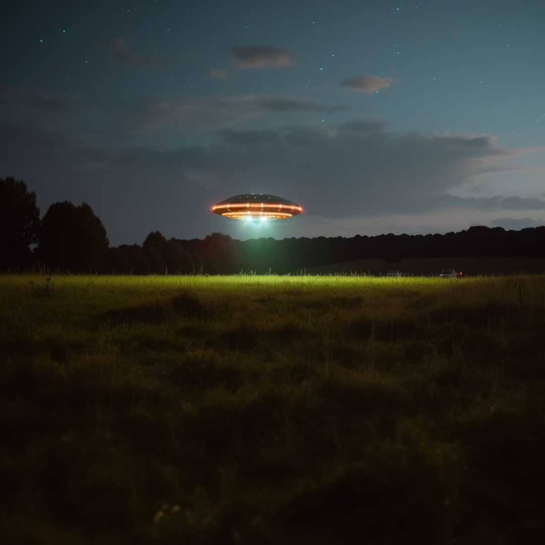 Lit ufo hovering above field at night, created using generative ai technology - Free Images, Stock Photos and Pictures on Pikwizard.com