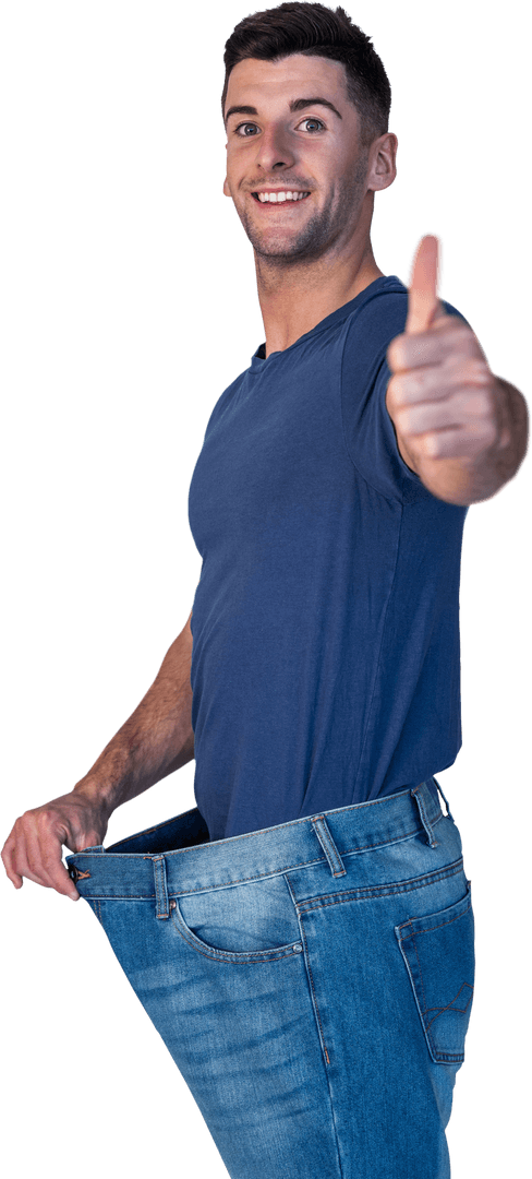 Man Smiling in Oversized Jeans, Giving Thumbs Up, Transparent Background