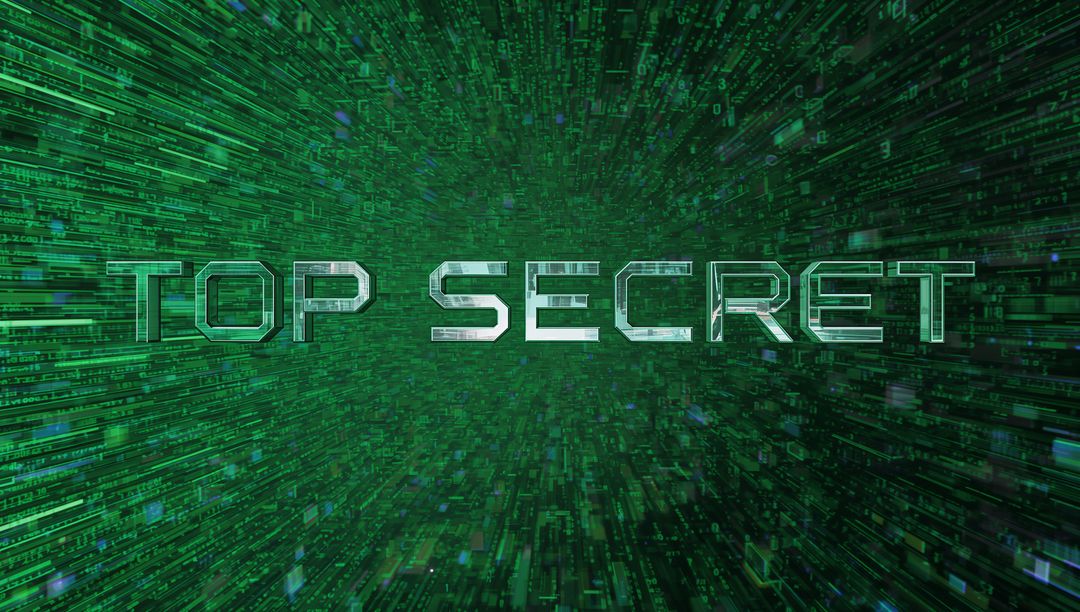Top Secret neon text in green cyber tunnel with streaming code and futuristic data grid