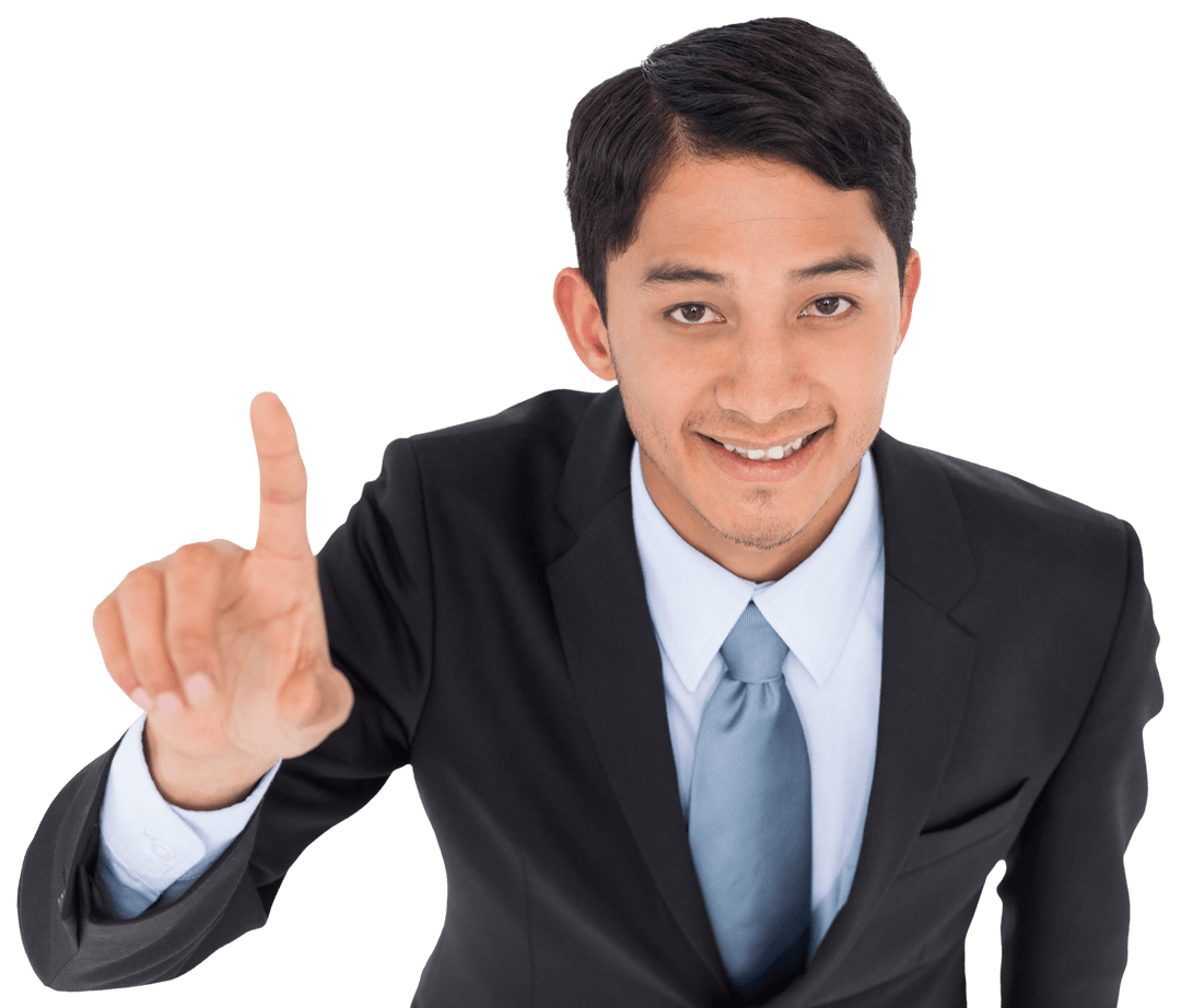 Smiling Businessman Pointing Upward Gesture on Transparent Background