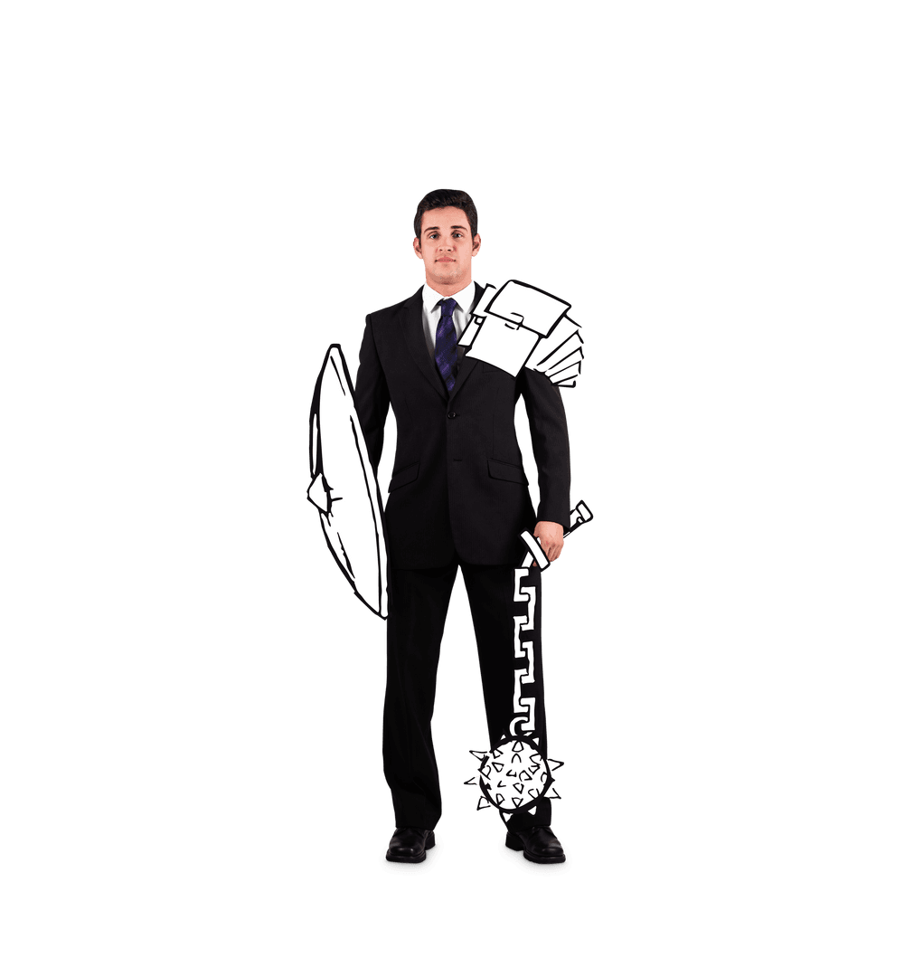 Caucasian Businessman Holding Shield and Weapon On Transparent Background