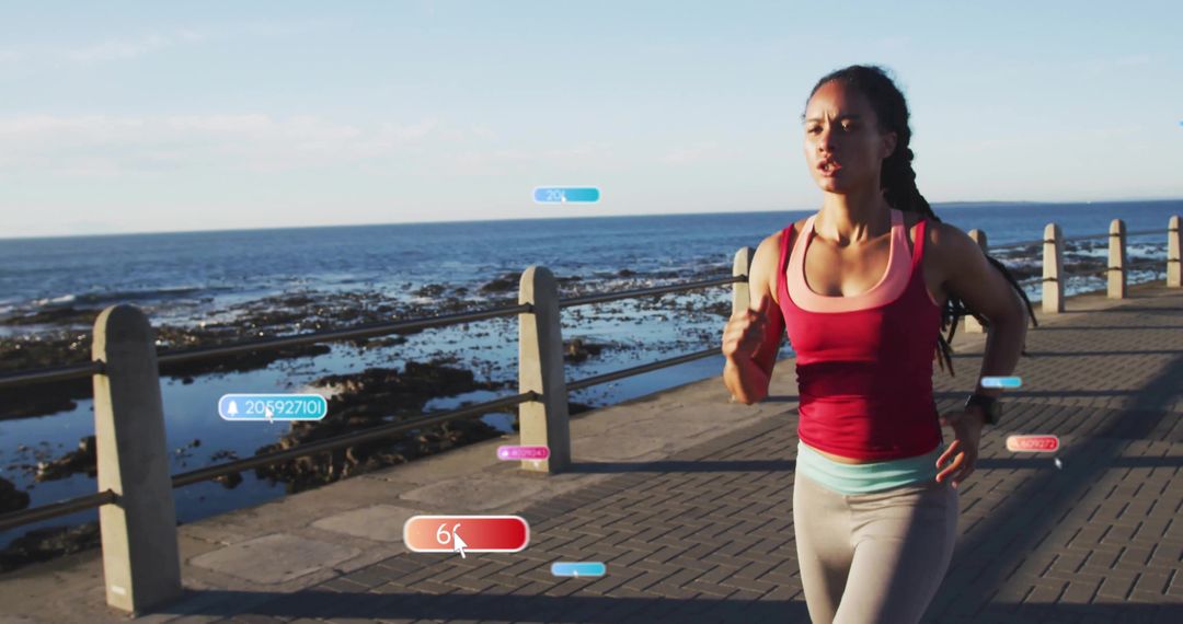 Woman running on coastal promenade with HUD fitness overlays tracking pace and heart rate