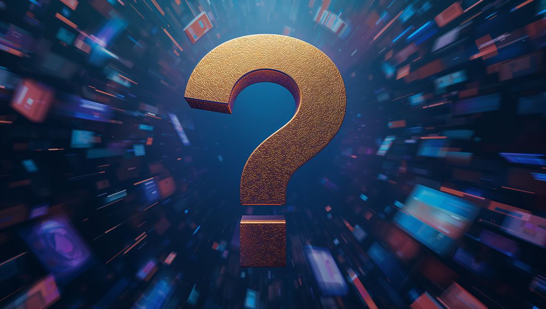 Floating Metallic Question Mark in Futuristic Digital Space