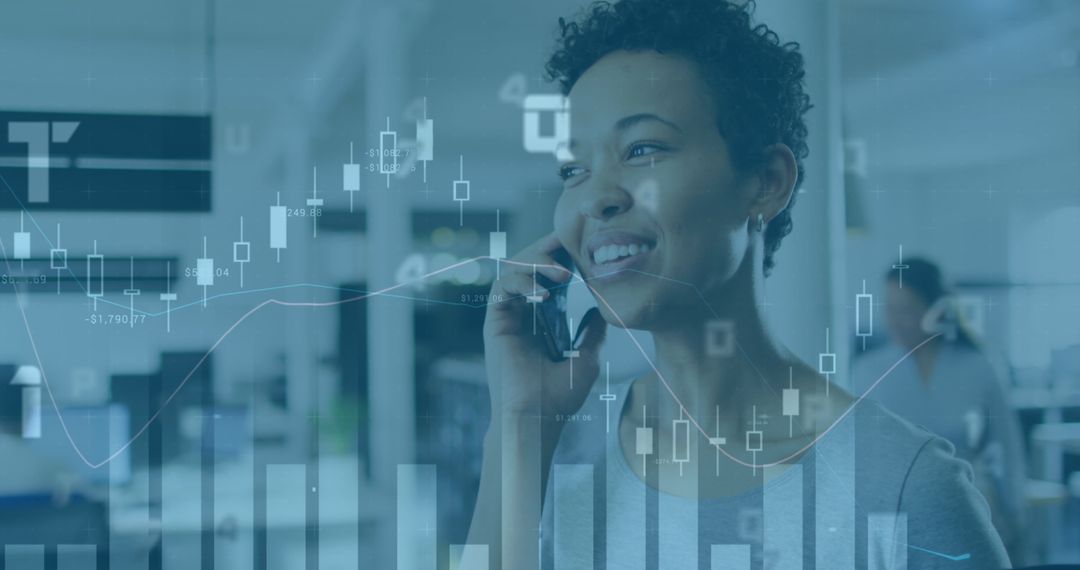 Smiling Businesswoman Analyzing Financial Data on Smartphone