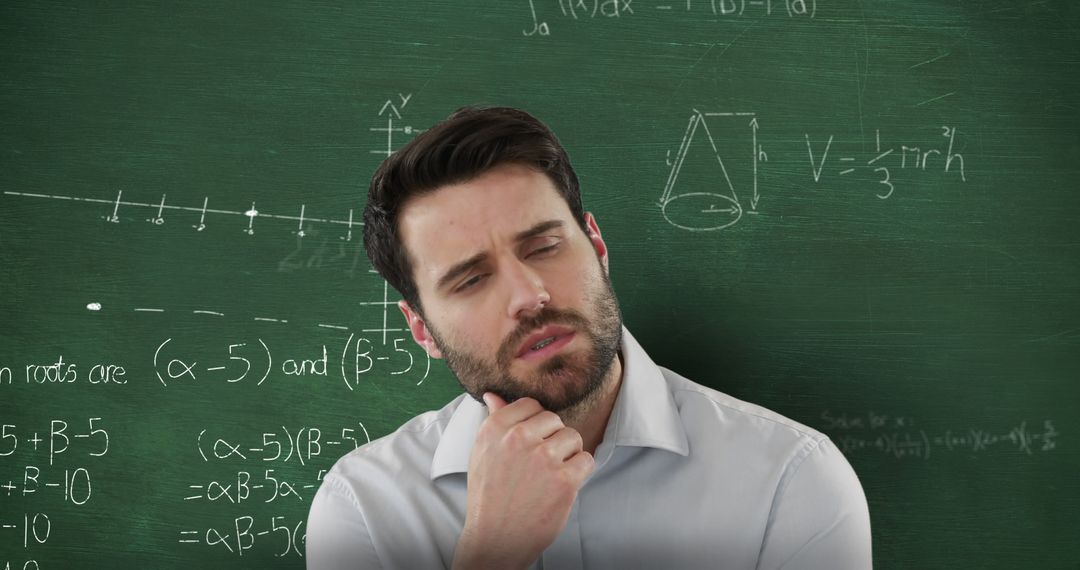 A perplexed man gazes upward amidst a backdrop of dynamic math equations on a blackboard. - Free Images, Stock Photos and Pictures on Pikwizard.com