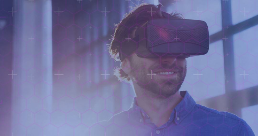 Caucasian Man Smiling with VR Headset Outdoors