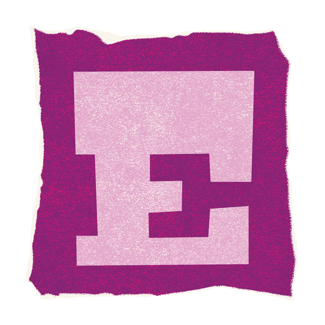 Abstract Pixelated E in Magenta Torn-Edge Frame on Transparent Background