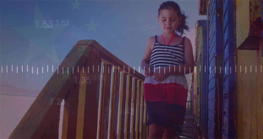 Digital Overlay of Data on Girl Walking at Beach