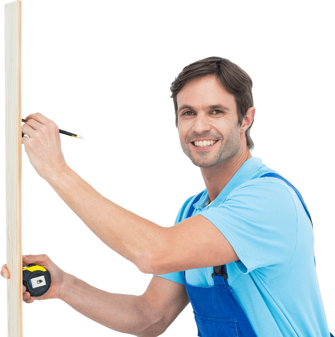Smiling Carpenter Marking Wood with Tape Measure on Transparent Background