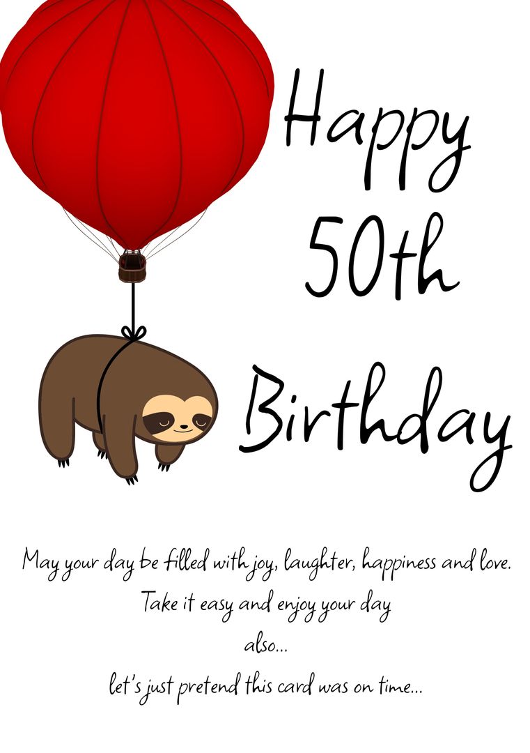 Cheerful Sloth Celebrating 50th Birthday with Red Balloon - Download Free Stock Templates Pikwizard.com