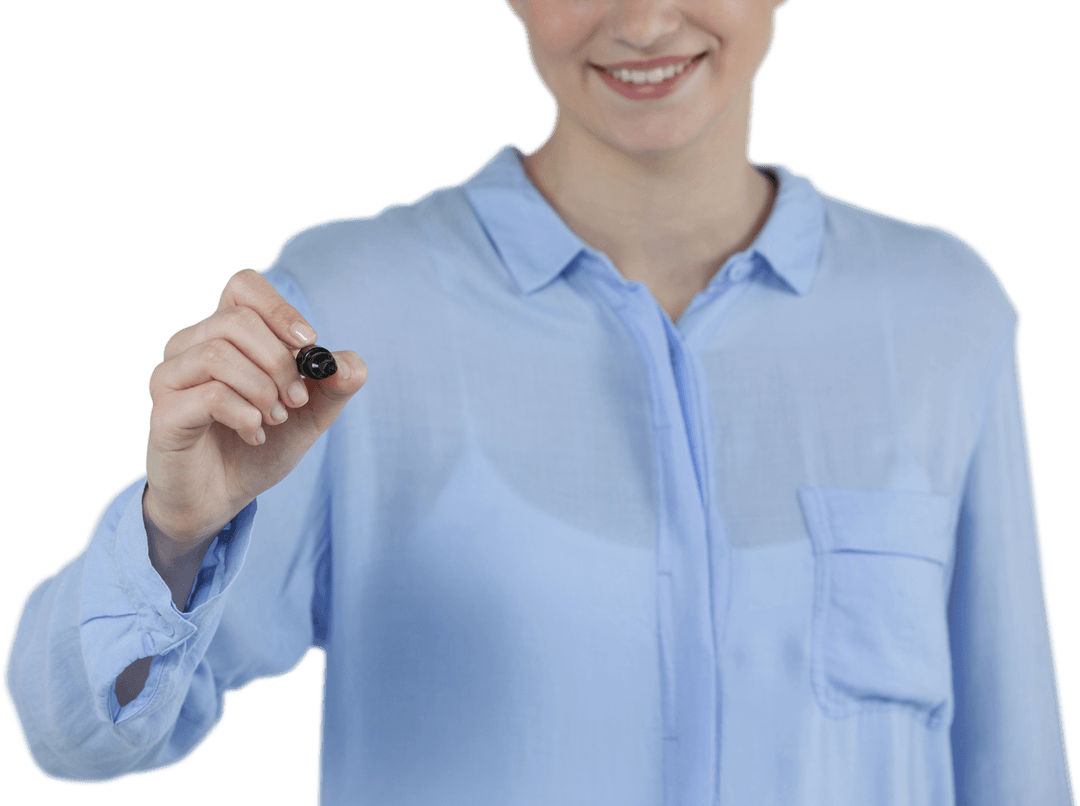 Smiling Woman Writing on Transparent Interface
