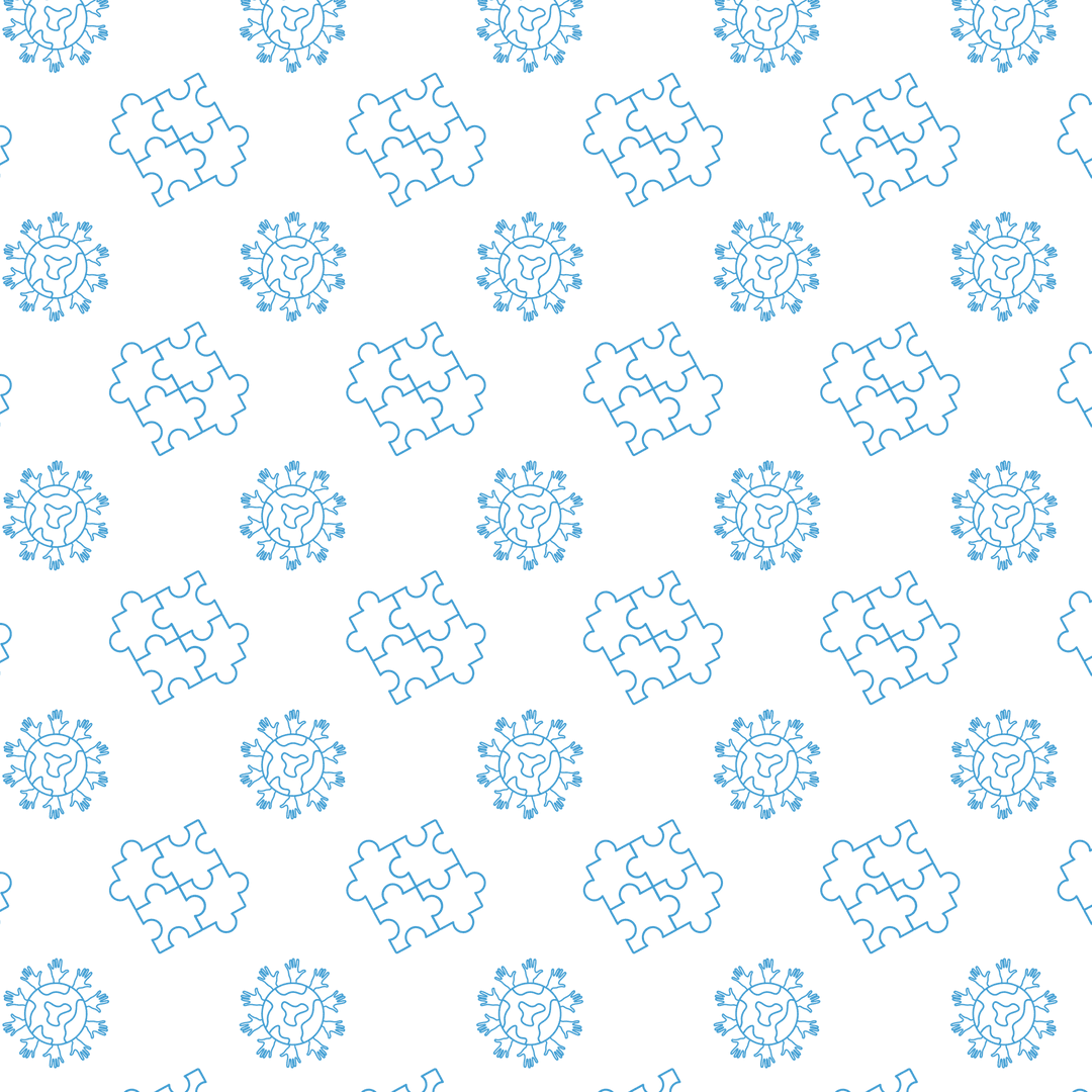 Seamless Blue Puzzle and Globe Pattern on Transparent Background