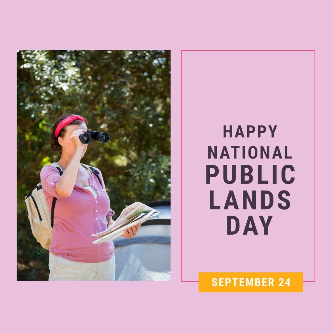 Woman exploring public lands with map and binoculars