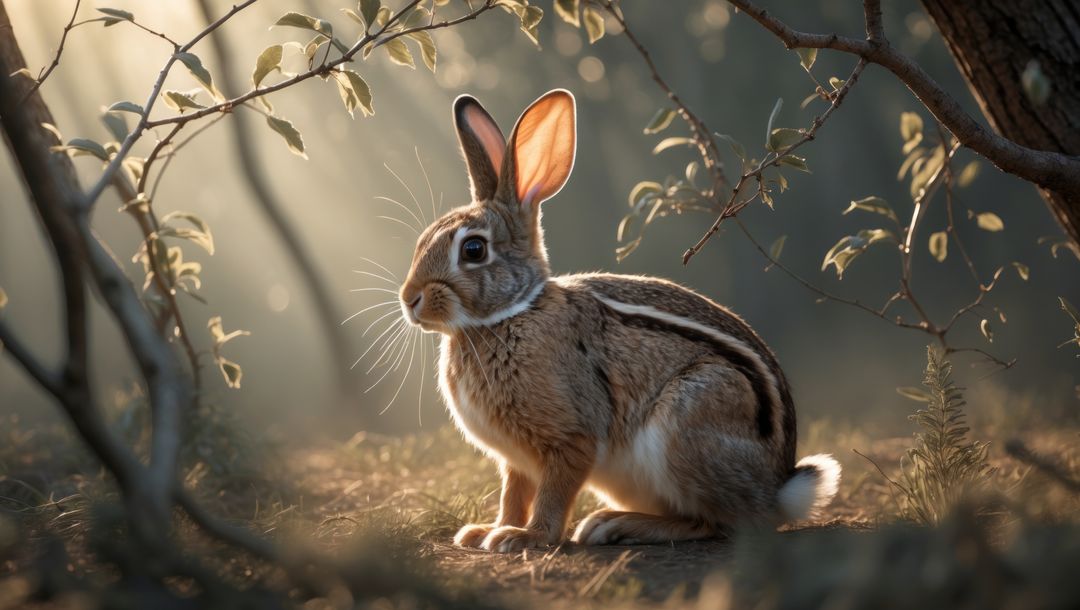 Wild cottontail rabbit resting in sunlit forest clearing