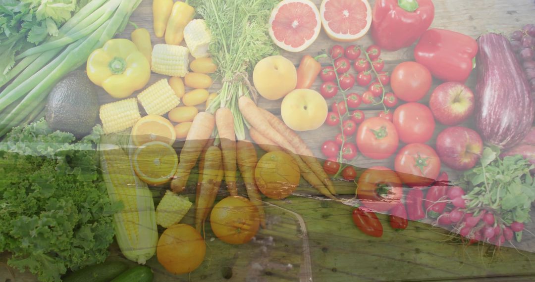 Vibrant Flatlay Fresh Produce Overlaid with Rustic Lakeside Dock Double Exposure Concept